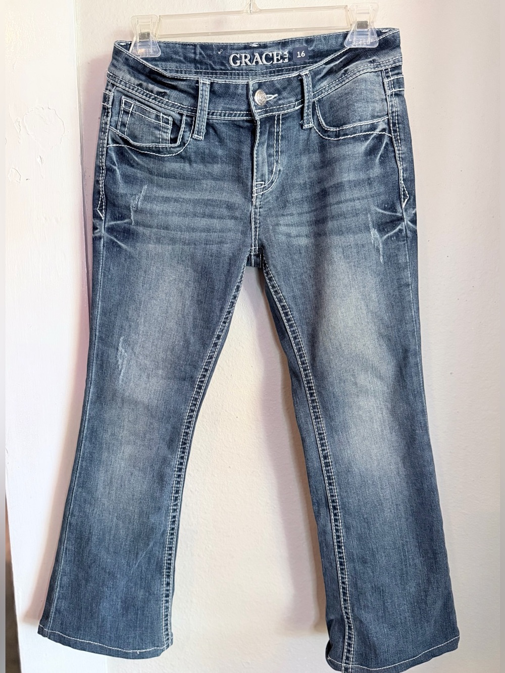 Grace Distress Blue Boot Cut Jeans Youth  16 Inseam 24 1/2